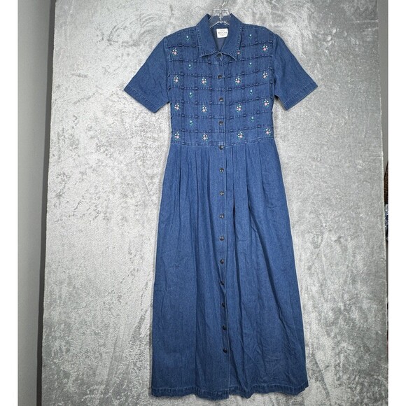 Bentley Dress Womens 8 Blue Denim Shirt Dress Floral Embroidery Casual Versatile - Picture 2 of 9